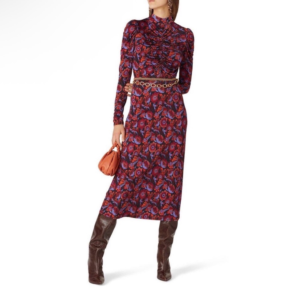 Tanya Taylor Floral Ruched Long Sleeve Midi Dress Silk Blend Print